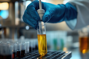 Scientist holding vial with colorful liquid, performing experiment in modern laboratory setting.