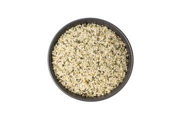 Shelled hemp seeds pile isolated, peeled cannabis grains, marijuana kernels without peel