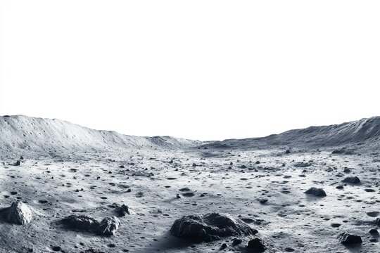 Lunar surface with rocks view isolated on white background