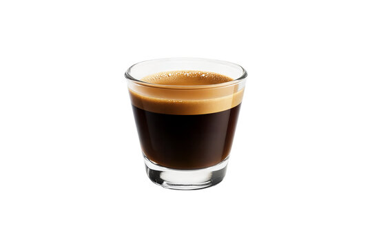 Fresh espresso coffee in small transparent glass cup with rich crema isolated on transparent background