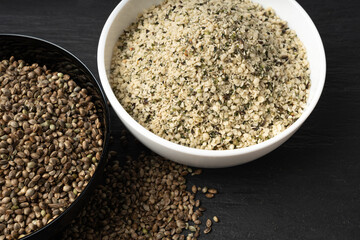 Shelled hemp seeds pile, peeled cannabis grains, marijuana kernels without peel