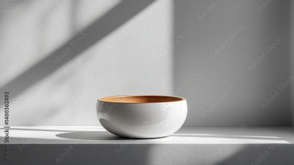 Poster stylish ceramic bowl with wooden interior displayed on a minimalistic shelf with soft sunlight casti