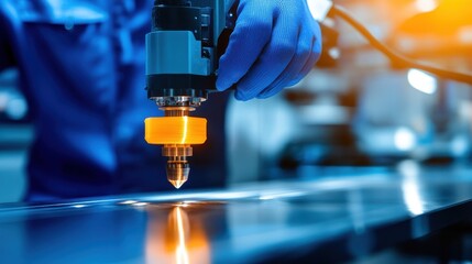 Worker using advanced laser cutting technology on metal sheet in a modern manufacturing facility