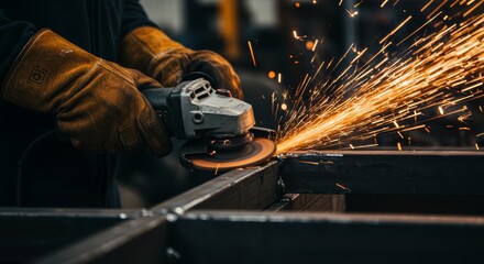 Close-up view of metalworker grinding with flying sparks in industrial scene