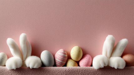 This fun and playful pastel blush background has white bunny paws peeking from the bottom and colorfully decorated eggs on the top corners. With its clean center, it’s great for Easter messages, poste