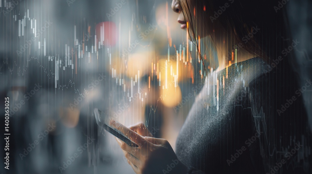 Poster double exposure of forex graph hologram and person using phone