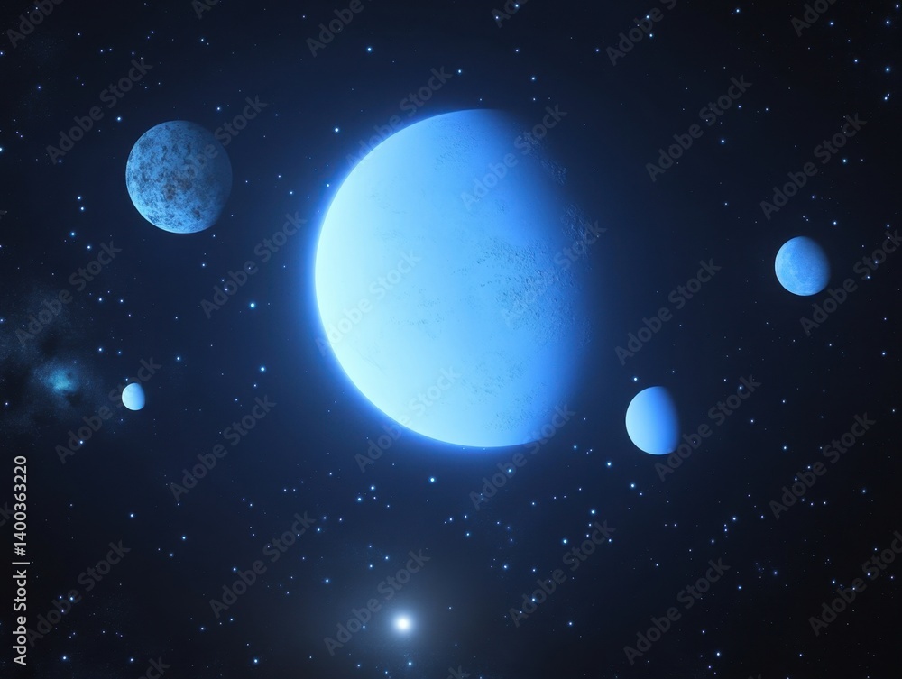 Poster celestial dance of planets in deep space a mesmerizing cosmic ballet of blue orbs amidst a starlit c