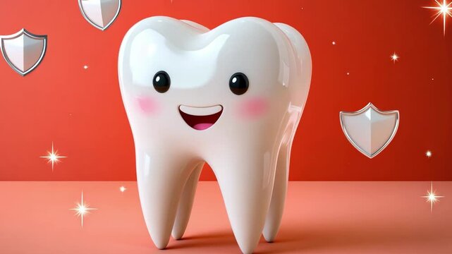 Flat style dental vector illustration of healthy tooth with sparkle and shield, clean medical look