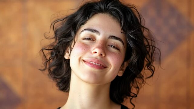 Portrait of a cheerful young woman with curly hair and freckles smiling gently with closed eyes, expressing happiness, positivity, and self acceptance against a textured orange background