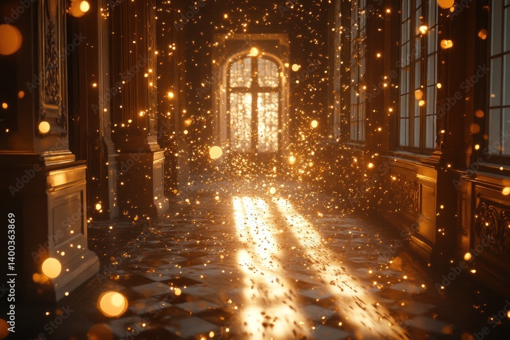 Poster soft golden light filters through large windows, creating a magical atmosphere in the dimly lit corr
