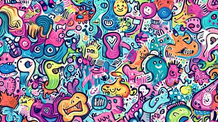 Vibrant whimsical doodle composition bursting with playful colors and shapes