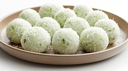 Sweet klepon rice balls coated in coconut flakes are beautifully arranged on a plate, ready to indulge in a traditional Indonesian treat