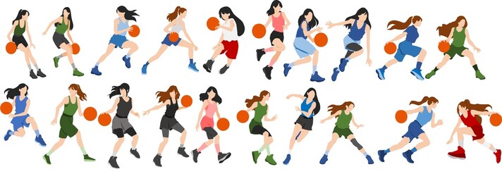 バスケットボールをする女性のイラストセット