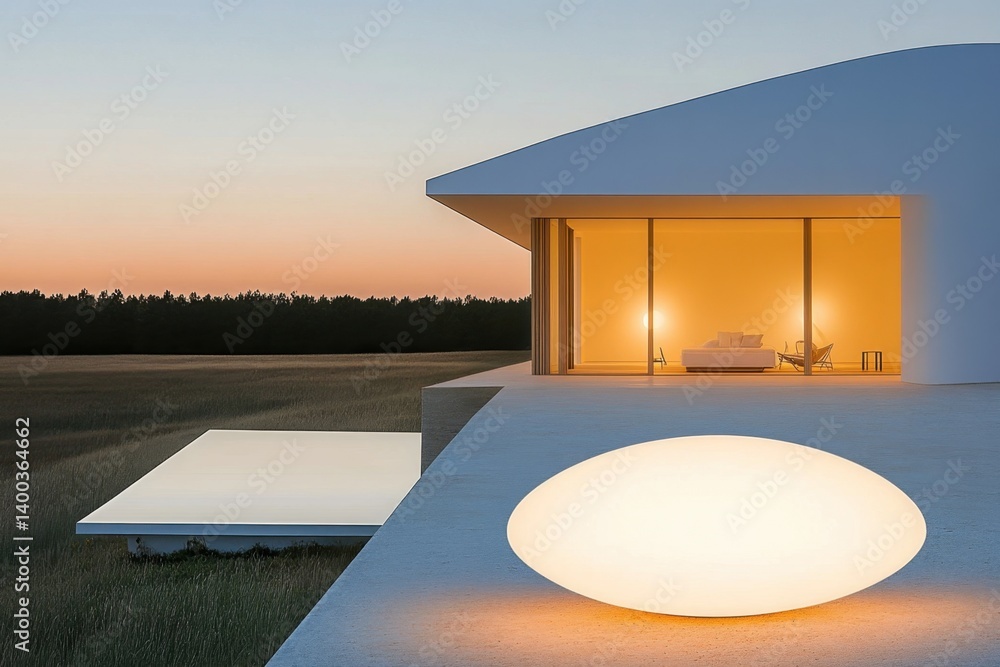 Poster minimalist architecture with illuminated lamp and modern interior design at sunset creating a serene
