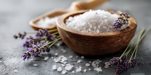Wooden bowl filled with bath salt and lavender sprigs, showcasing a spa or wellness concept promoting relaxation and tranquility