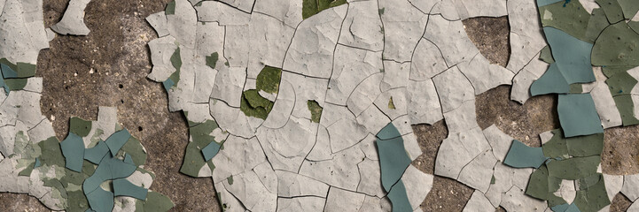 Peeling paint on the wall. Panorama of a concrete wall with old cracked flaking paint. Weathered rough painted surface with patterns of cracks and peeling. Grunge texture for wide panoramic background