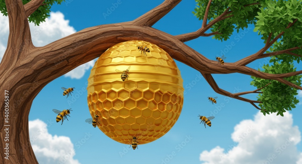 Poster Golden Honeycomb Sphere Hanging from a Tree Branch with Busy Bees