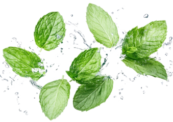 Fresh mint leaves splashing in water, creating a vibrant and refreshing scene, ideal for culinary or health-related use