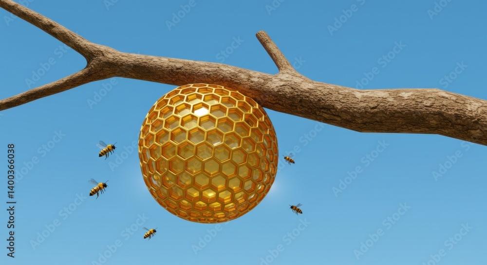 Poster golden honeycomb sphere hanging on a branch with busy bees