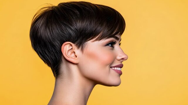 Profile of a beautiful young woman with short hair, isolated on a yellow background, showing different facial expressions going from serious to a wide smile