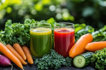 Bright green and red juices sit among fresh carrots, kale, and cucumbers, showcasing a commitment to a nutritious lifestyle
