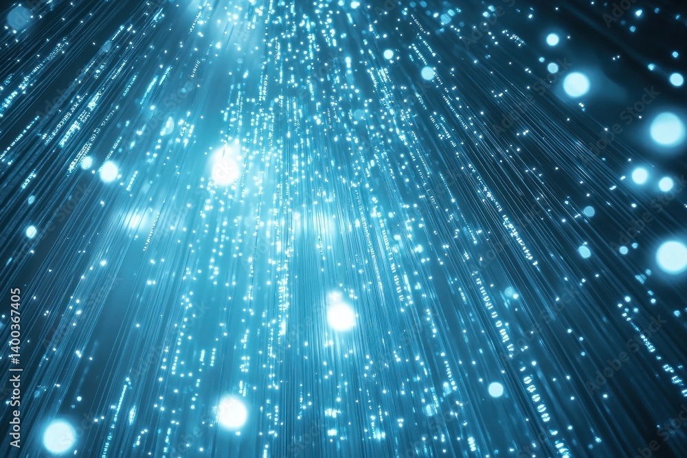 Poster vertical strands of glowing code cascade through a blue digital atmosphere, creating a vivid and fut