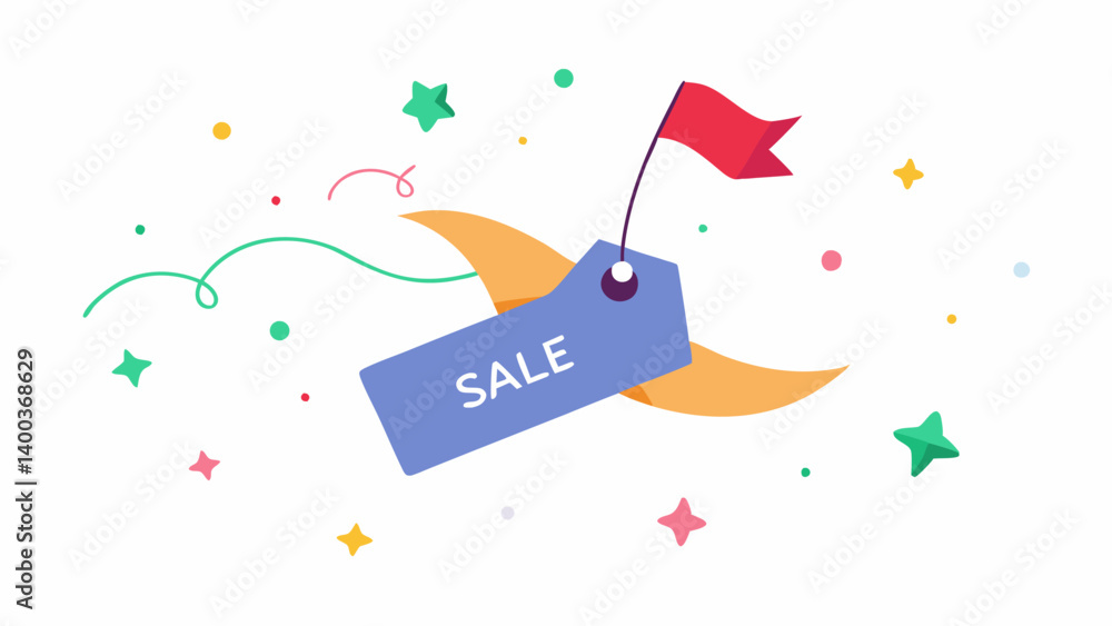 Poster joyful leap a jumping price tag leaping through the air with a sale banner trailing behind it surrou