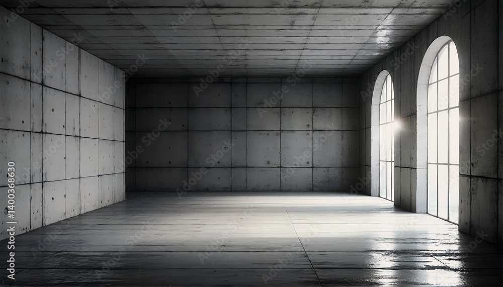 Poster a stark, empty concrete room is illuminated by bright light streaming through two arched windows, cr
