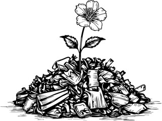 Rebirth from waste flower emerging from trash urban environment graphic illustration nature's resilience