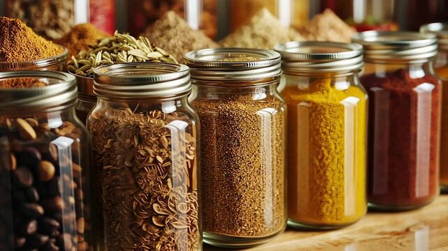 Colorful spice jars filled with various ground and whole spices