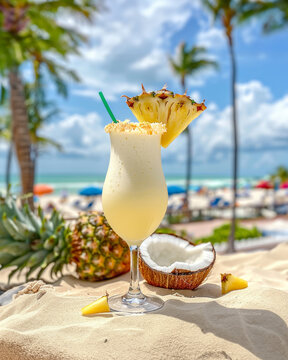 Pina Colada cocktail on the beach with coconut and exotic flower. High quality photo
