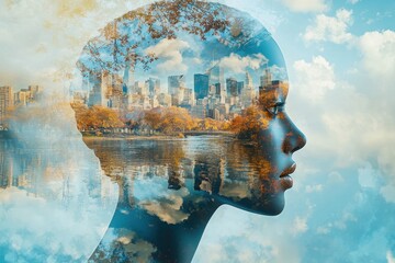 A silhouette of a woman merges with a vibrant city skyline and serene waters, highlighting the harmony between urban life and nature