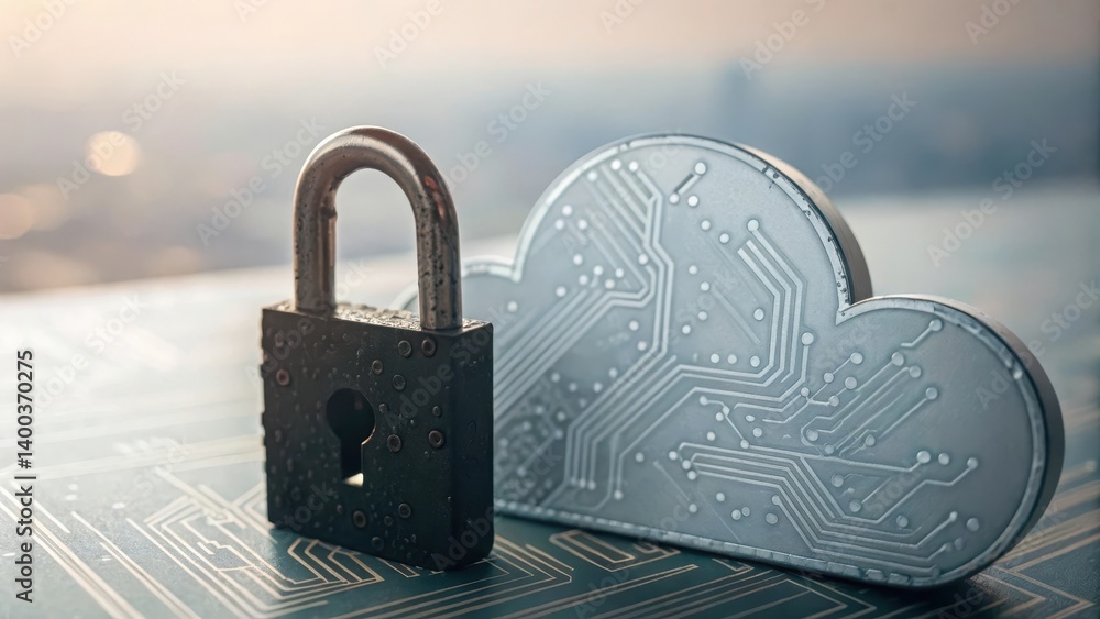 Poster digital lock beside a cloud symbolizing cybersecurity and data protection.