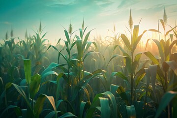 Obraz premium Minimalist Summer Cornfield: Lush Green Rows of Organic Corn Plants, Rural Farmland