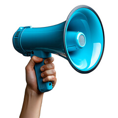 Hand holding a blue megaphone for advertising, marketing promotions, announcements isolated on transparent background. Perfect for sales, events, and urgent communication.