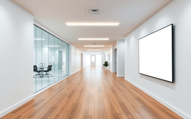 Modern office hallway with hardwood floors glass walls and blank billboard perfect for advertising or design mockups