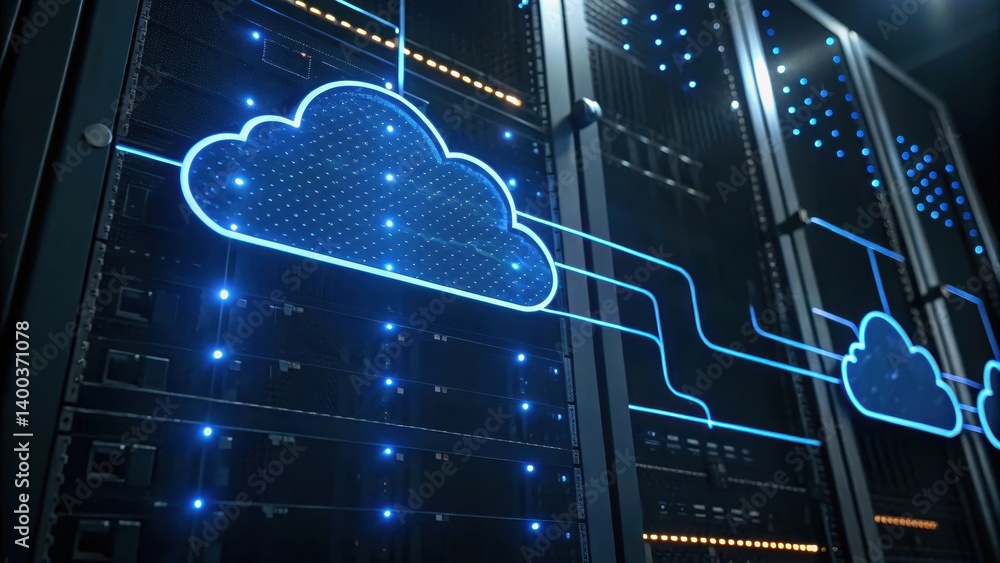 Poster data center with cloud connectivity and illuminated servers.