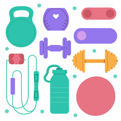 Obraz premium Weight training, yoga, pilates stickers set. Dumbbells, protein supplements, kettlebell, jump rope and other fitness elements. Modern cartoon concept. Vector illustration 