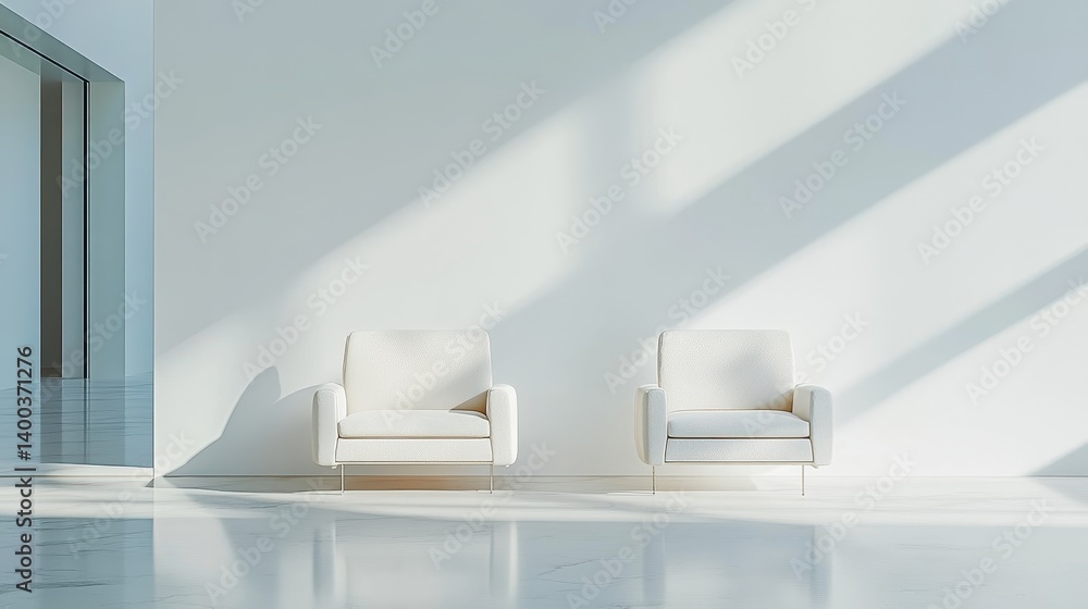 Poster modern minimalist lounge area with two sleek chairs and natural light creating shadows on a concrete