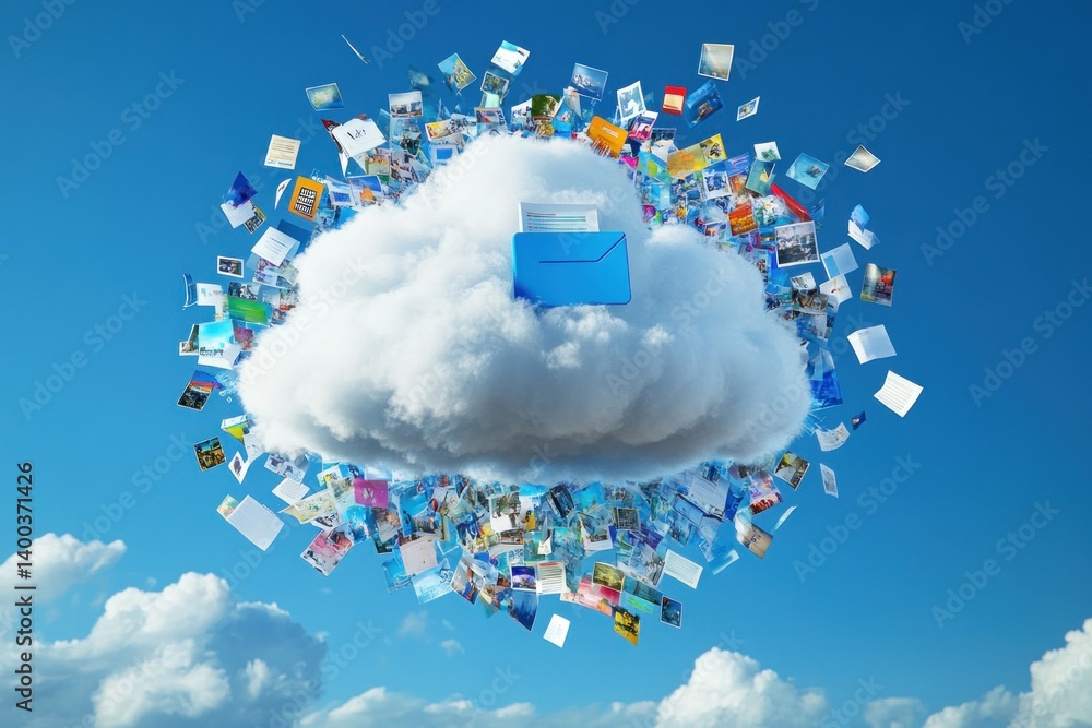 Poster a cloud filled with various digital files and documents floats in a bright blue sky, showcasing the 