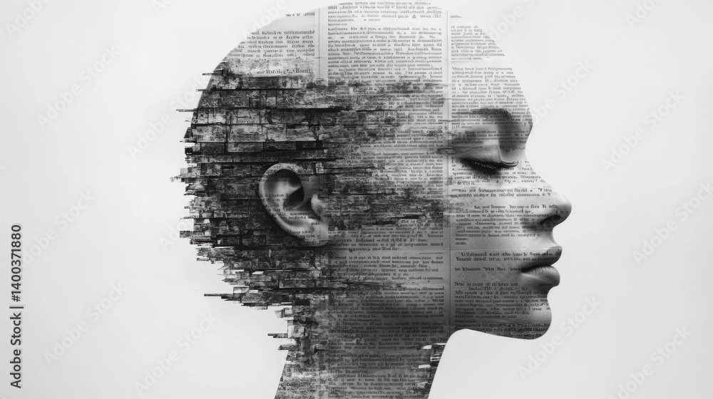 Poster a striking visual blending the silhouette of a mannequin's head with intricate patterns of printed t