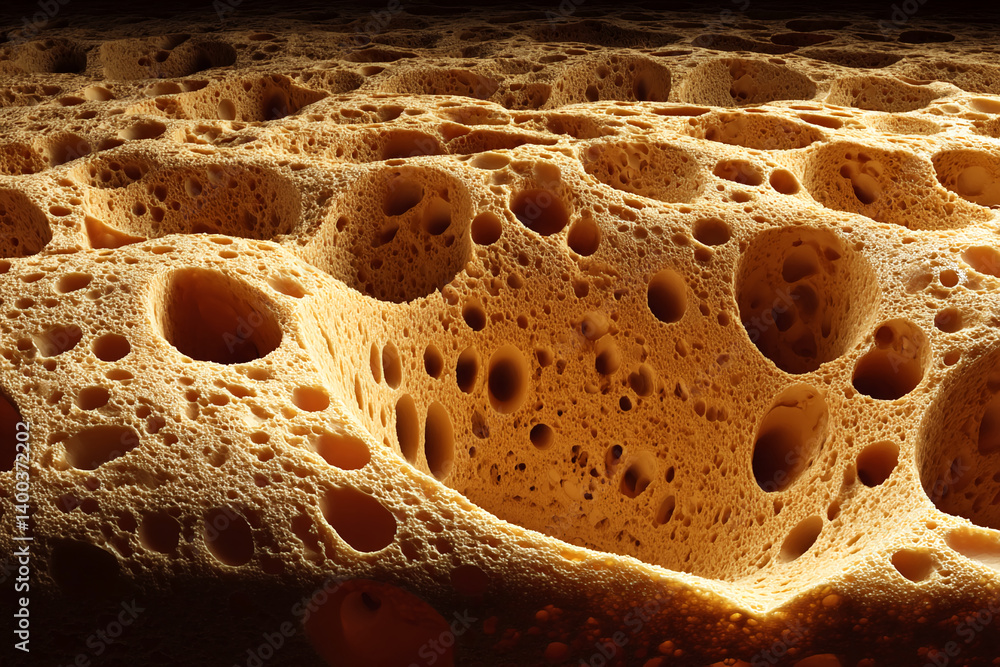 Aufkleber close-up of porous, amber-toned texture resembling sponge or honeycomb structure, creating a rough a