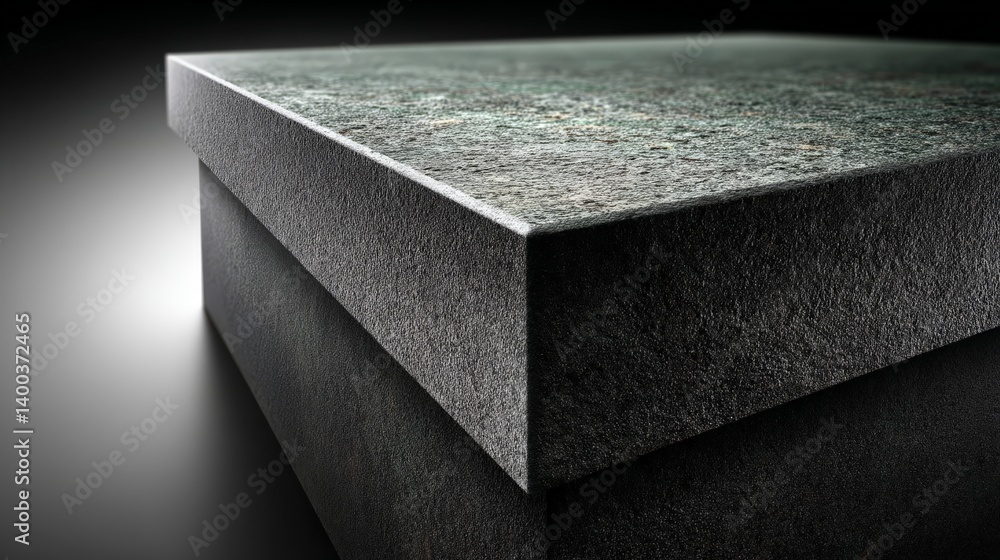 Poster rectangular textured black stone slab placed on dark surface showcasing industrial density edge prec