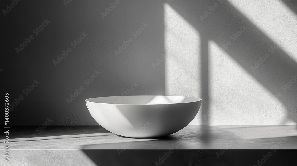 Poster Minimalist white object casting shadows on a textured surface in soft natural light, highlighting simple beauty and elegance in an indoor setting