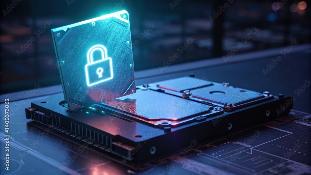 Poster digital padlock over a hard drive symbolizing data security.