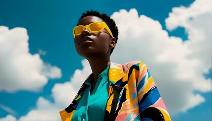 a striking portrait of a dark-skinned woman with short natural hair and bright yellow sunglasses against a vivid blue sky with fluffy white clouds.
