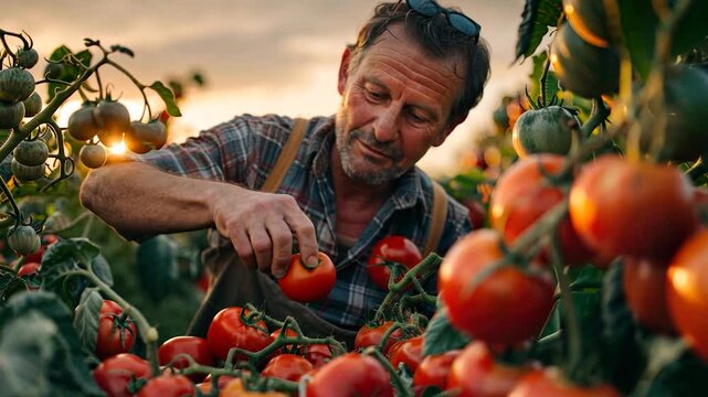 Sunset Harvest: A Farmer's Tender Touch Amidst Ripe Tomatoes