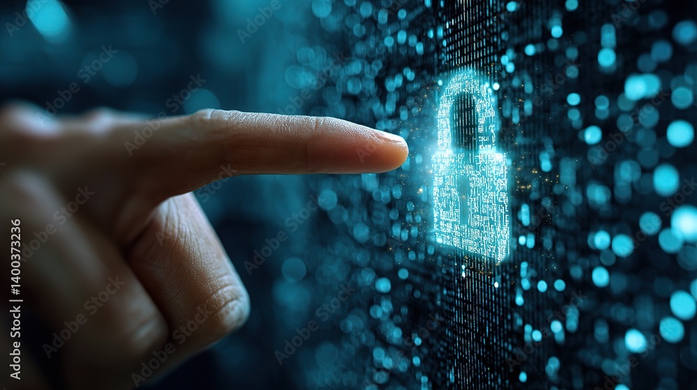 Poster digital security concept with hand pointing at virtual padlock
