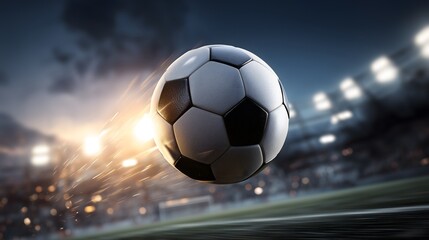 Close-Up of Soccer Ball in Mid-Air at Stadium Under Lights