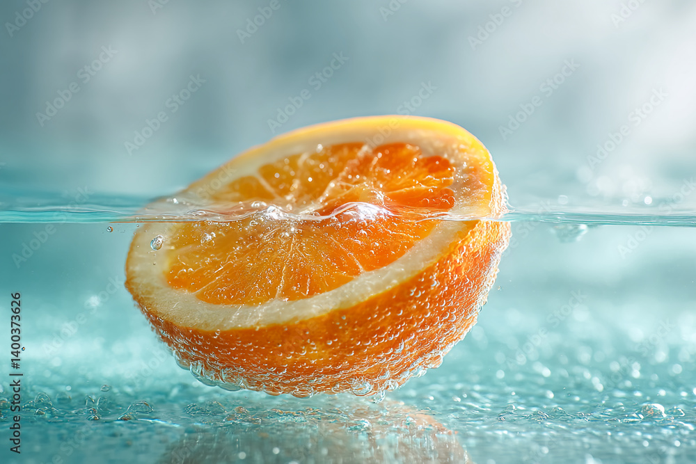 Poster orange slice submerged in water, bubbles clinging to its surface, creating a refreshing and vibrant 